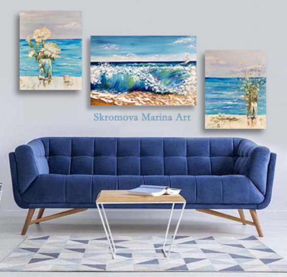 ONE DAY ON THE SEASHORE - Ocean set. Triptych marine story. Seascape 3 pcs. Triple panel. Beautiful flowers. Blue background. Nature. Heat.