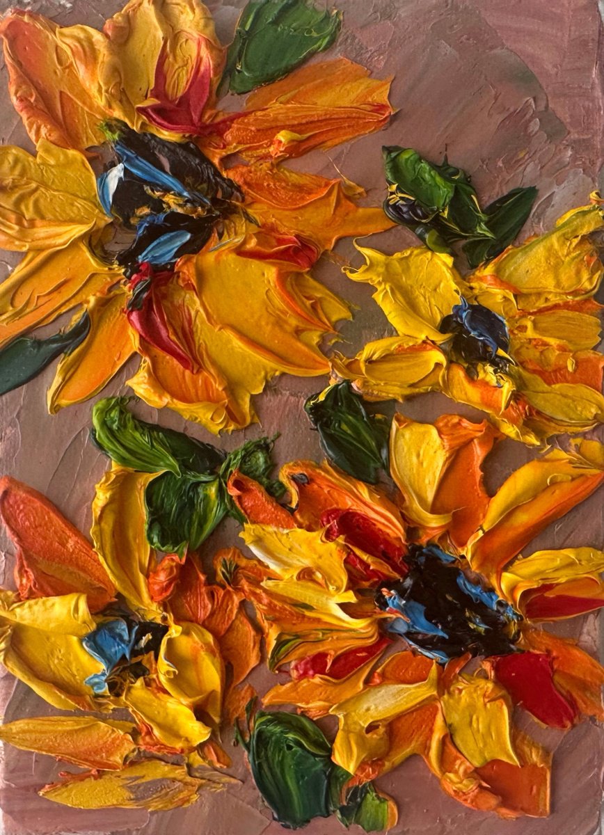 Impressionistic Botanical Oil Painting By Oksana Fedorova, 5 X 7", Sunflowers Deep Impasto, Original Artwork