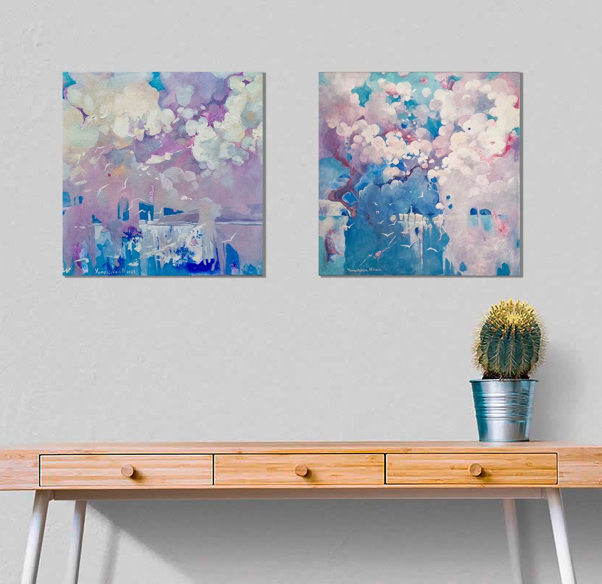 Abstract Landscape Oil Painting By Natalia Yampolskaia, 31 X 16", Sea. Spilled Pink Sky Diptych1, Original Artwork