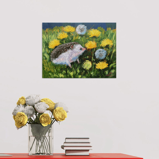 Hedgehog in dandelions