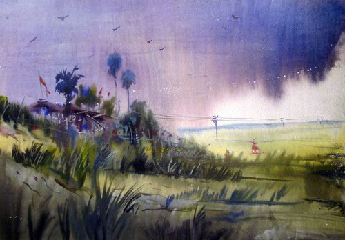 Monsoon Village- Watercolor Painting by Samiran Sarkar