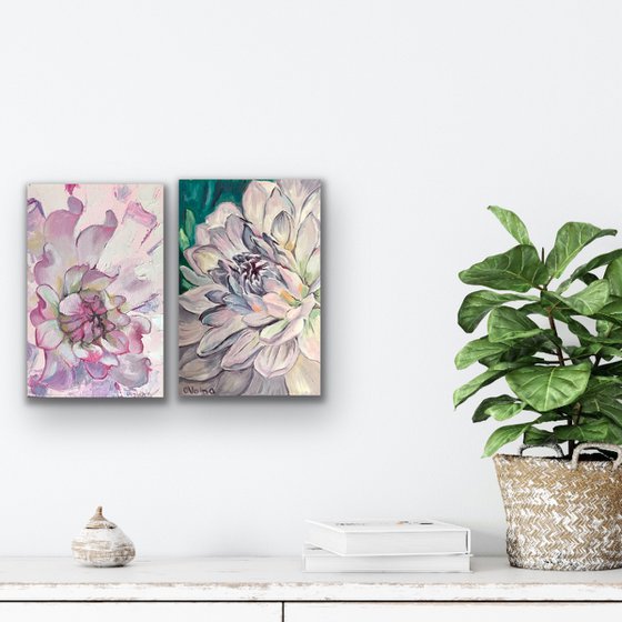 Set of 2 Purple chrysanthemum and Peony Painting Flowers Original Art Oil Painting