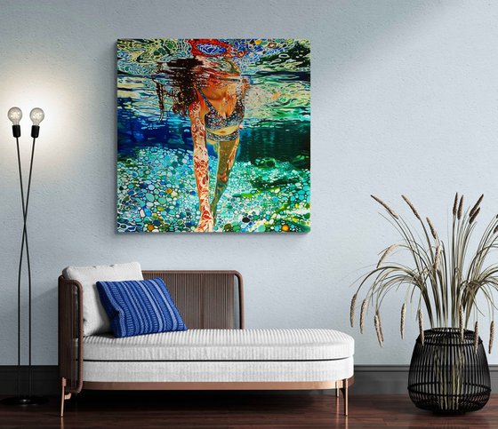 Woman under water in the swimming pool, sea, ocean with blue green turquoise color waves with bright sun glares. Impressionistic artwork. Original painting wall art home decor. Art Gift