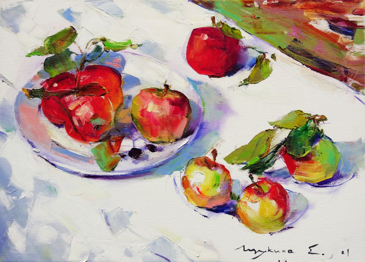 Apples on white. Original oil painting by Helen Shukina
