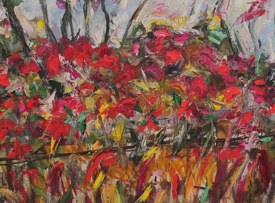 CHARMING AUTUMN COLOURING - XL large landscape painting original, oil on canvas, red autumn, interior art home decor 170x200