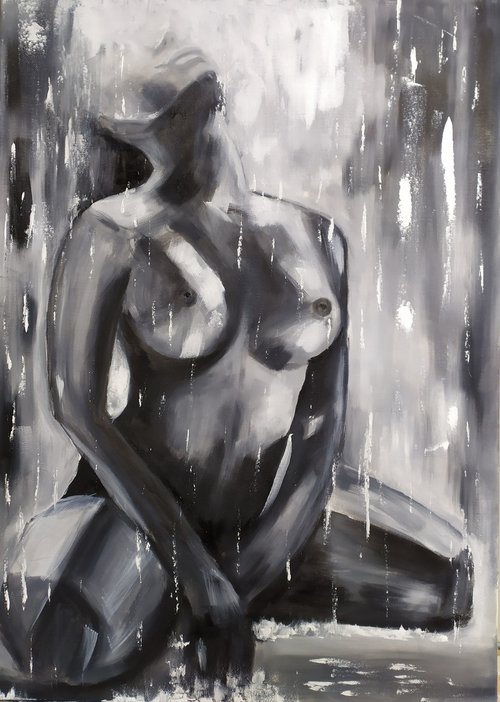 Under the rain, nude erotic oil painting, original art, Gestural, Gift idea by Nataliia Plakhotnyk