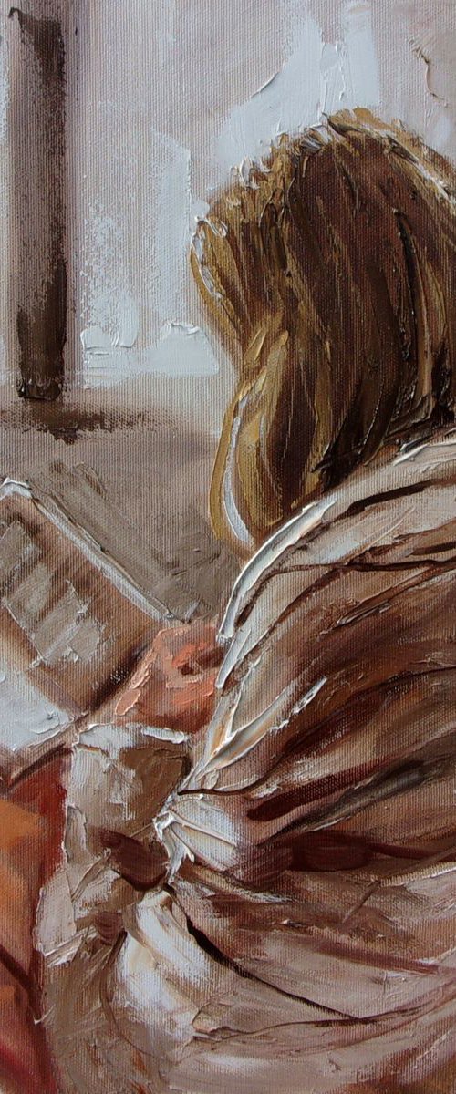 " EVENING WITH BOOK " original painting BOOK LOVER window coffee palette knife GIFT autumn by Monika Luniak