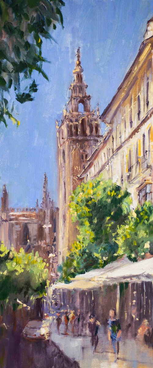 Sevilla. VIEW OF GIRALDA IN SUNNY DAY. ORIGINAL oil painting. contrast BRIGHT CITY URBAN LANDSCAPE VIEW SUN LIGHT by Sasha Romm