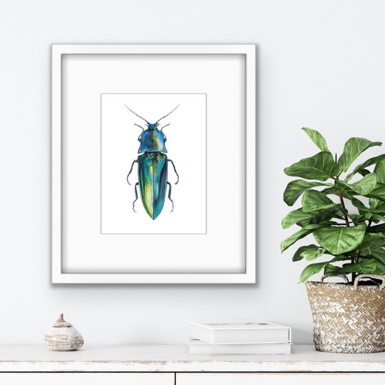 Blue longhorned beetle. Original watercolour artwork.