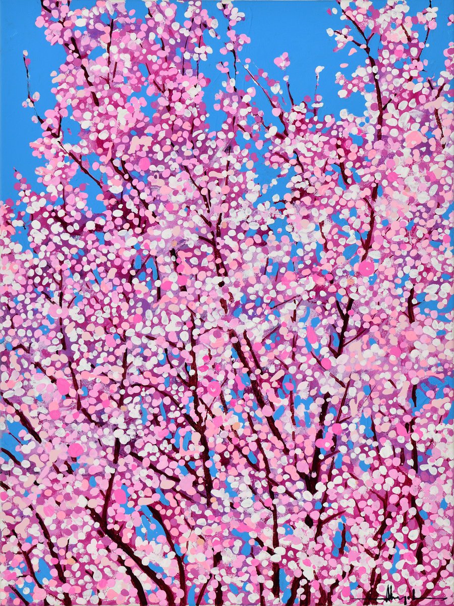 Urban And Pop Botanical Acrylic Painting By Alex Nizovsky, 18 X 24, Cherry Blossom #5, Original Artwork