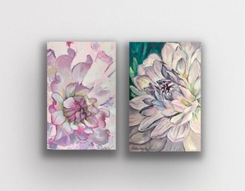 Set of 2 Purple chrysanthemum and Peony Painting Flowers Original Art Oil Painting by Olga Volna