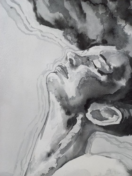 Abstract watercolor portrait 30x40cm black and white color