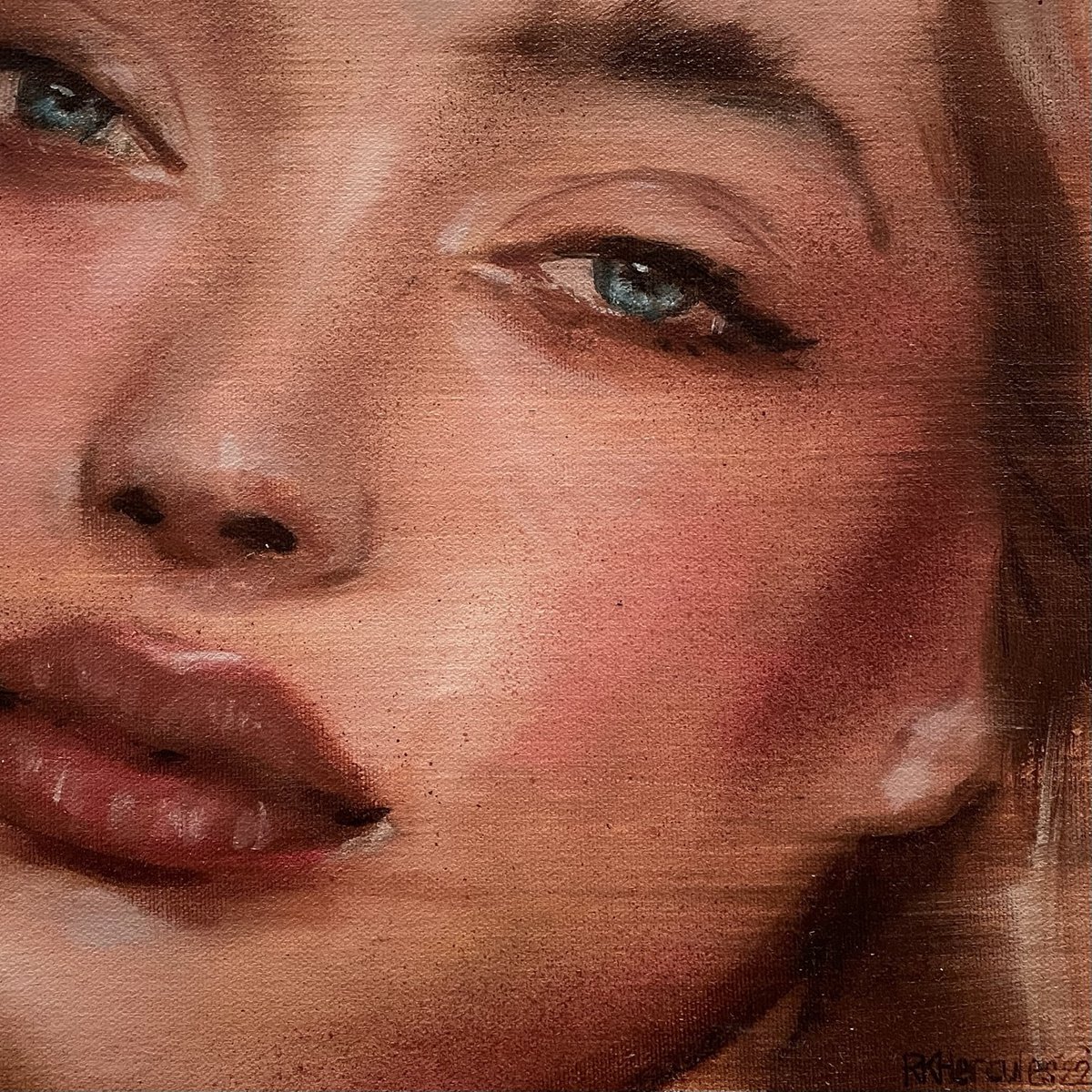 simone - beauty oil painting of pretty blonde women female on canvas with blue eyes contem... by Renske Karlien Hercules