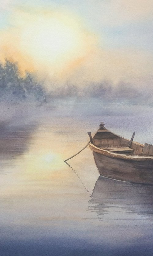 Old Boat at Dawn - Misty Sunri by Olga Beliaeva Watercolour