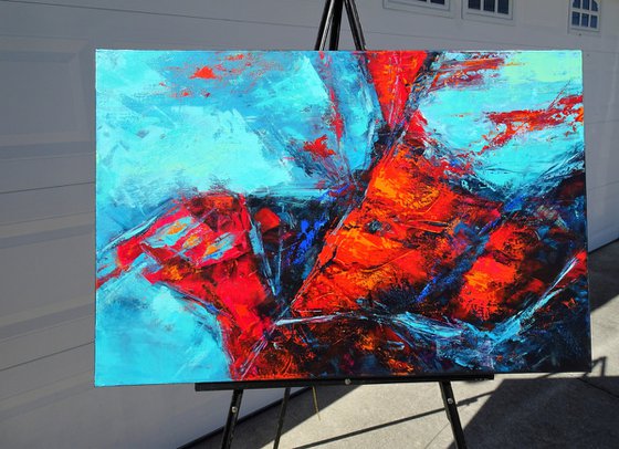 MOMENTS IN TIME III. Teal, Blue, Aqua, Navy, Red Contemporary Abstract Painting with Texture