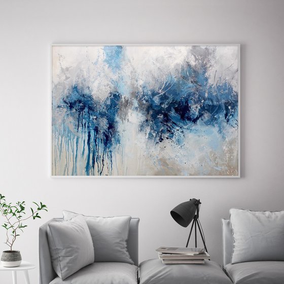 "Evening rain" Blue navy acrylic abstract art