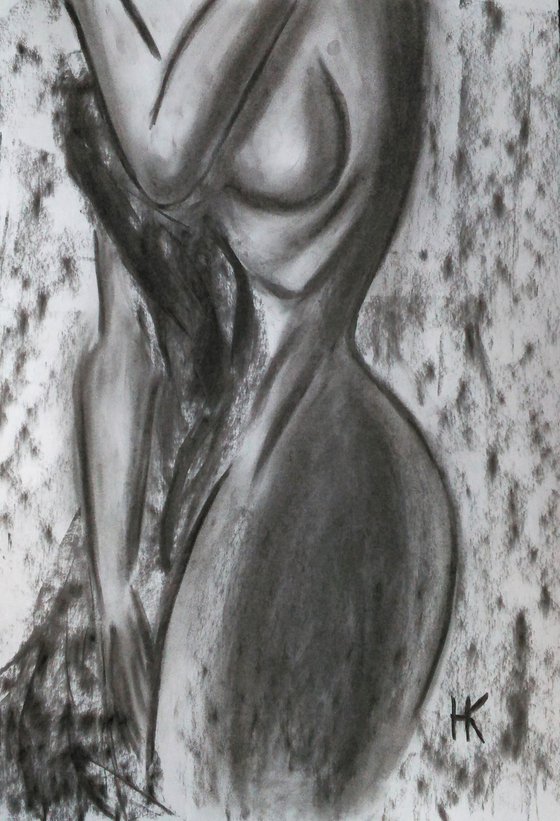 Female nude original charcoal drawing on paper