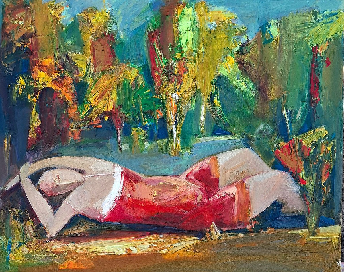 Abstract Portrait Oil Painting By Matevos Sargsyan, 20 X 16", Crimson Respite, Original Artwork