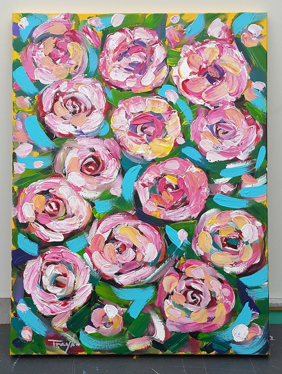 Expressive Botanical Acrylic Painting By Trayko Popov, 16 X 22", Pink Roses, Original Artwork