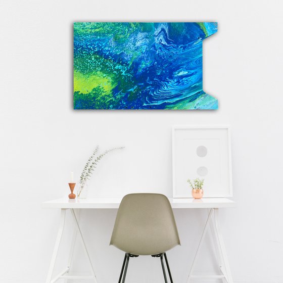 "Atomic Ripple" - Original Abstract PMS Fluid Acrylic Painting on a Recycled Desk Panel - 30 x 18 inches