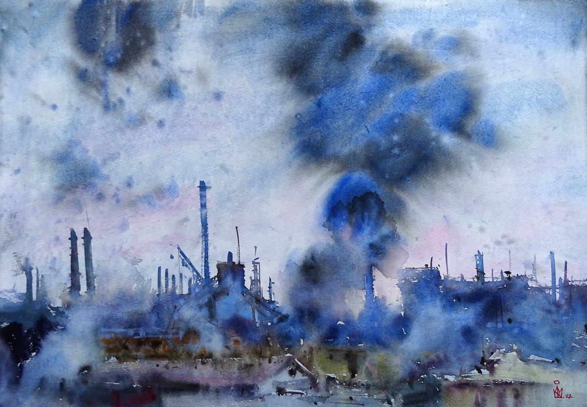 Impressionistic Landscape Watercolour By Maksym Kisilov, 23 X 16", "Battle Of Azovstal", Original Artwork