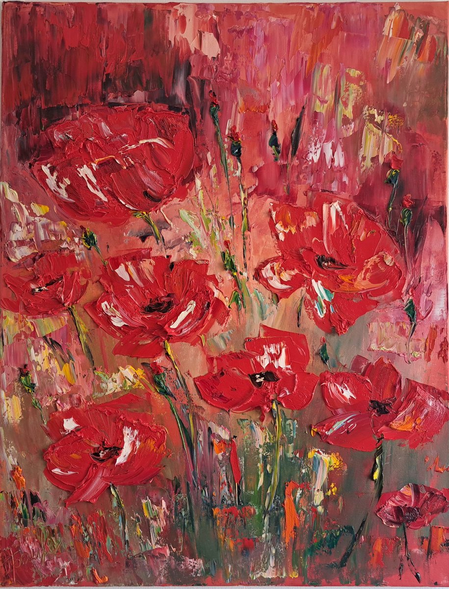 Poppies at the red background by Oksana Fedorova