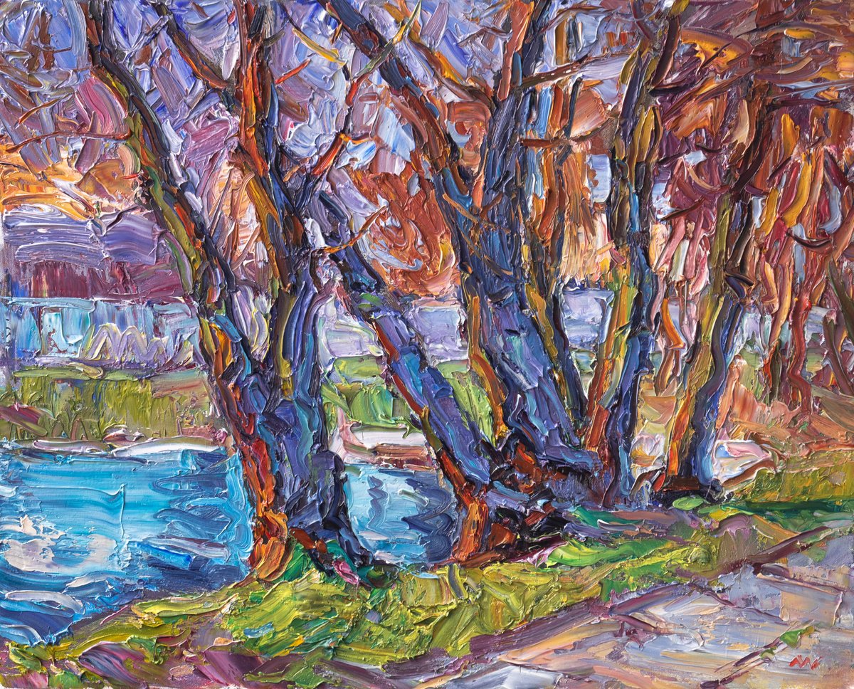 Impressionistic Landscape Oil Painting By Vasyl Moldavchuk, 20 X 16", Evening Willows, Original Artwork