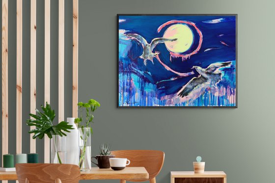 Bright big painting - "Moon light" - Pop Art - Birds - Seagull - 115x90cm