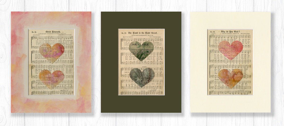 Abstract Collage By Kathy Morton Stanion, 24 X 10", Heart Medley Collection 2, Original Artwork