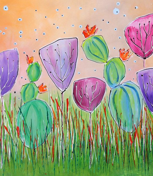 Young Folks- Prickly Friends #2 - Large original abstract floral painting by Cecilia Frigati