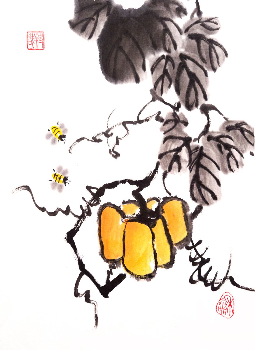Pumpkin and two bees - Pumpkin series No. 01 - Oriental Chinese Ink Painting by Ilana Shechter