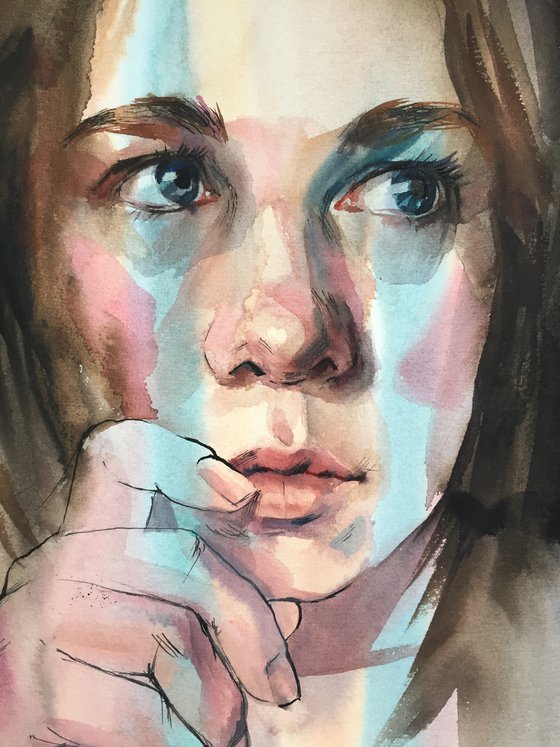Portrait of a girl. Thoughts and feelings. Woman's face drawing