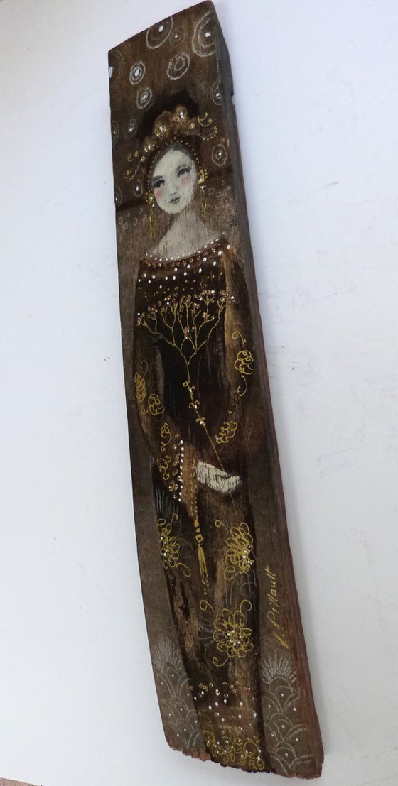 Painting on wooden stave, woman in gold and brown, Gold Umbel.