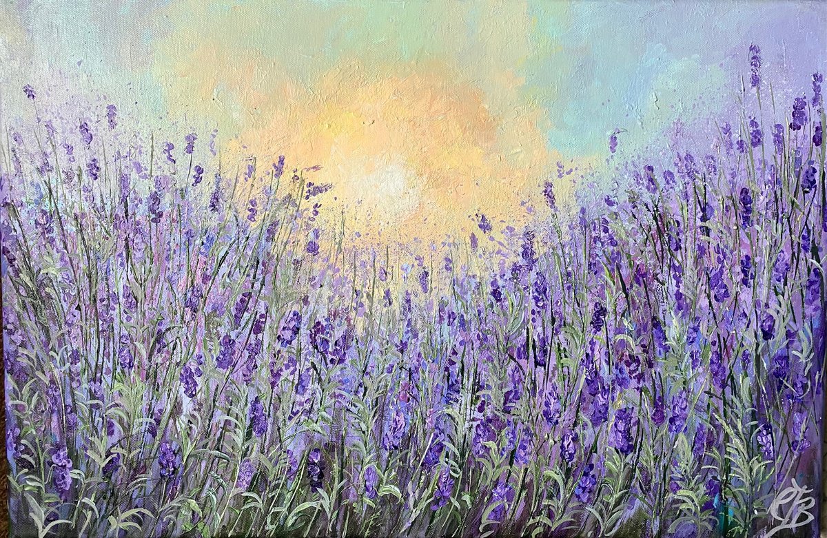 Impressionistic Landscape Acrylic Painting By Colette Baumback, 24 X 16, Lavender Morning, Original Artwork