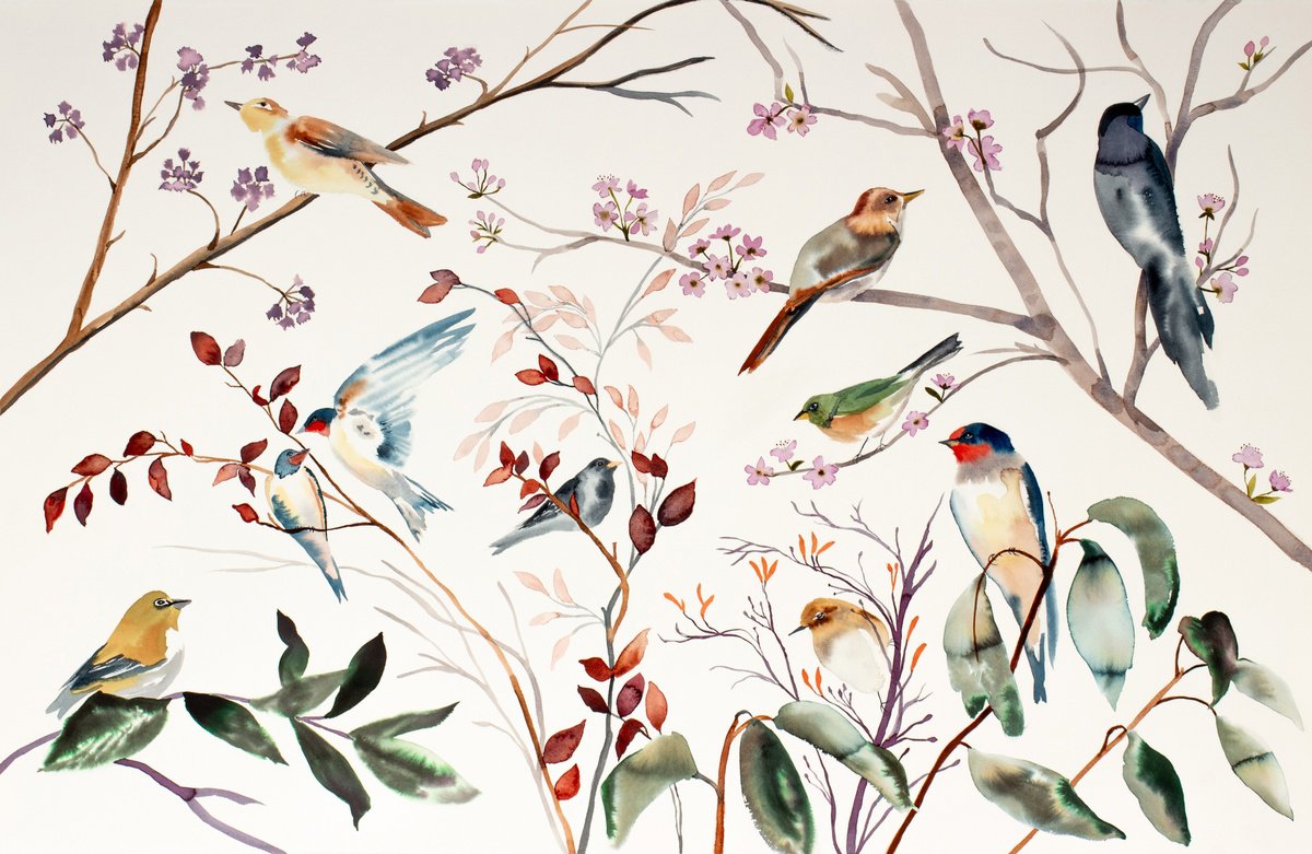 Expressive Animal Watercolour By Elizabeth Becker, 40 X 26, Birds On Branches No. 2, Original Artwork