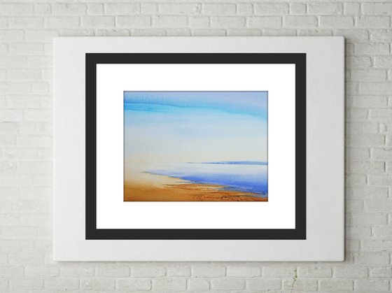 CALM BEACH BLUE SEA SKY. Impressionistic Original Seascape Watercolour Painting.