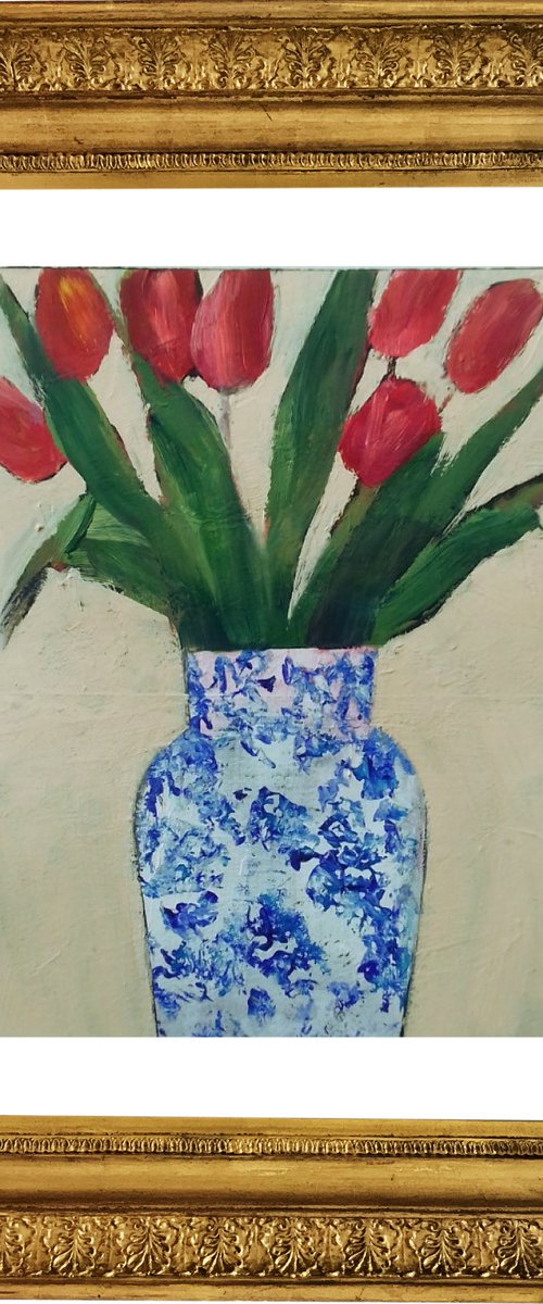 Red Tulips in a Chinese Ginger Jar by Jan Rippingham