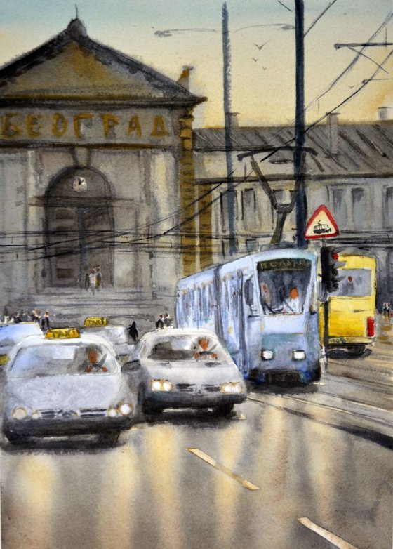 Welcome to Belgrade (train station), original landscape watercolor painting by Nenad Kojic