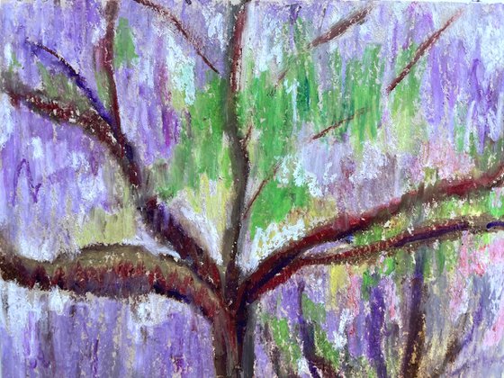 Garden Original Painting, Purple Tree Oil Pastel Drawing, Floral Wall Art, Gift for Her