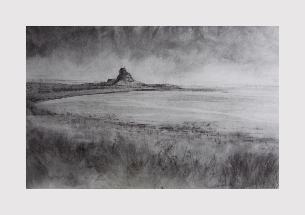 Landscape Charcoal Drawing By Colin Slater, 23 X 17, Lindisfarne Castle, Original Artwork