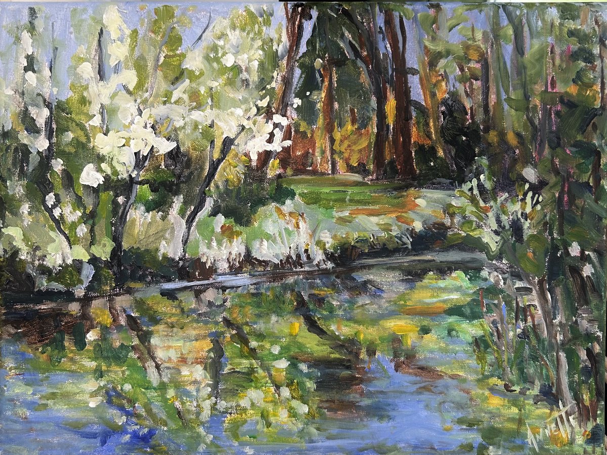 Impressionistic Landscape Acrylic Painting By Annette Wolters, 16 X 12, Reflections On Earth Day, Original Artwork
