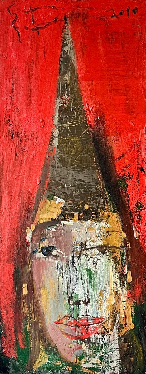 Expressive Portrait Oil Painting By Eduard Belsky, 24 X 59, Harlequin, Original Artwork