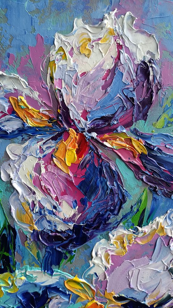 Irises and blue sky- flowers, oil painting, irises flowers, gift idea, flowers oil painting, flowers art, gift for woman