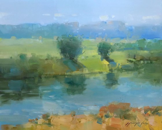 Summer lake, Landscape oil painting, Handmade artwork,