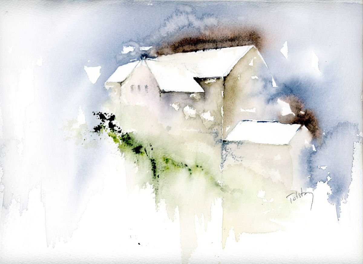 Impressionistic Cityscapes Watercolour By Alex Tolstoy, 14 X 10, White Roofs And Greens, Original Artwork