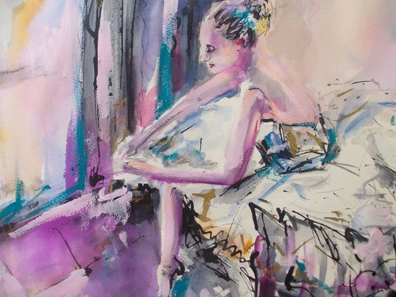 Quiet Moments - Ballerina Watercolor-Mixed Media Painting