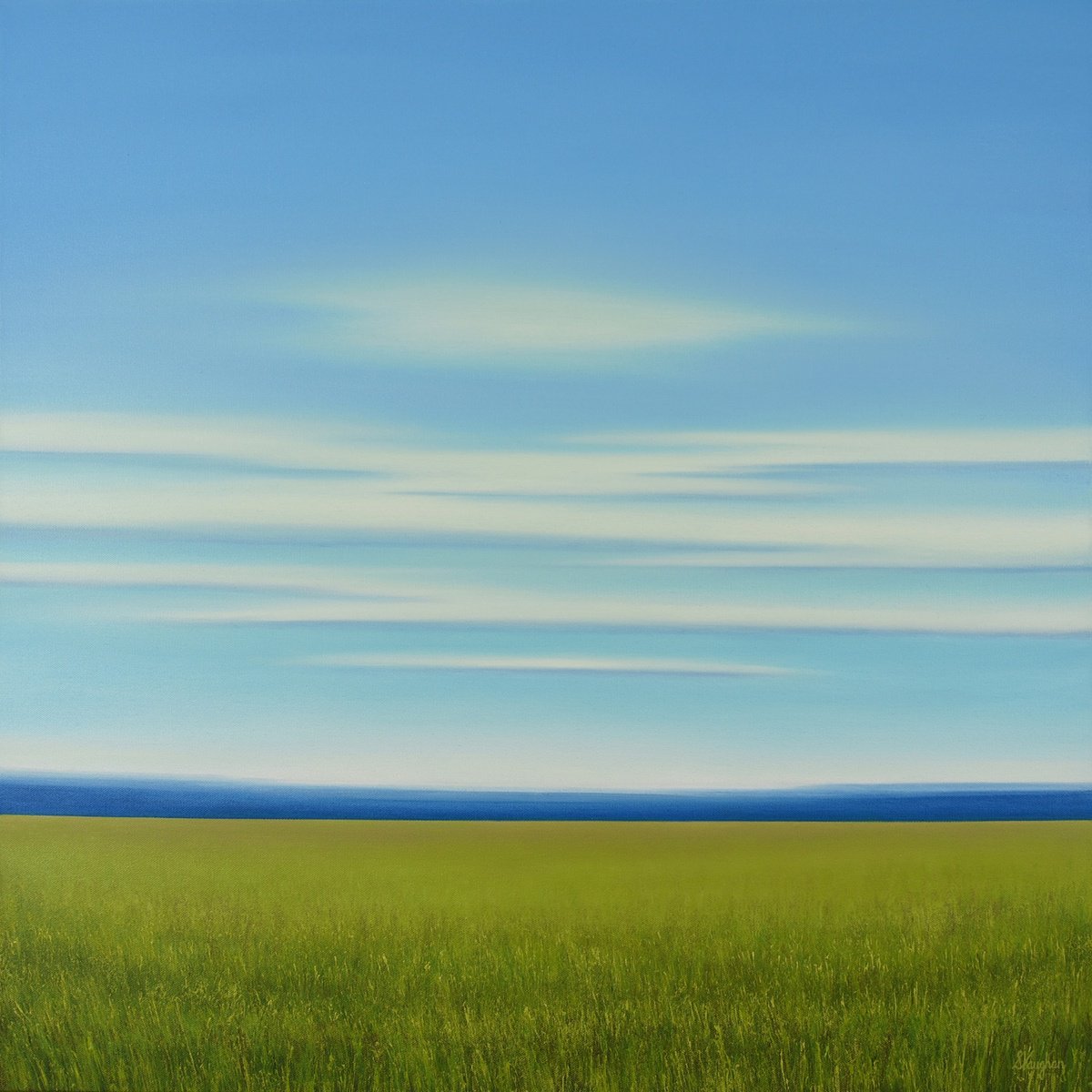 Impressionistic Landscape Oil Painting By Suzanne Vaughan, 30 X 30", Verdant Field - Blue Sky, Original Artwork