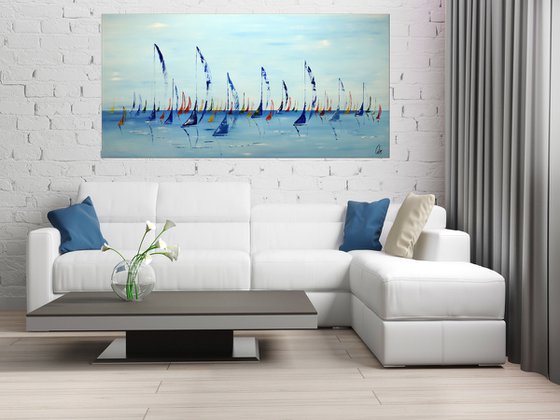 Happy Summer  - XXL  Abstract- Colourfull Sailboat Painting- Large Acrylic Art Canvas Wall Art Ready to hang