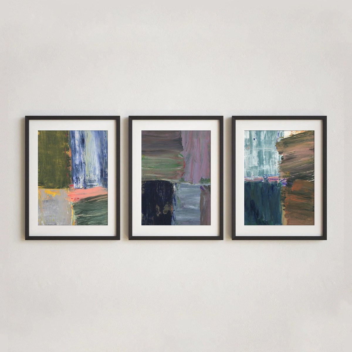 Organic Abstract Acrylic Painting By Gabriel Prundeanu, 27 X 13, Set Of 3 Acrylic Paintings, Original Artwork