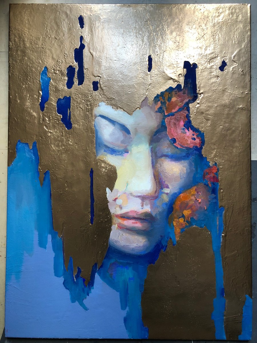 Abstract Oil Painting By Viacheslav Zaykin, 29 X 39", Golden Stream.| Blue Gold | Serene Art, Original Artwork